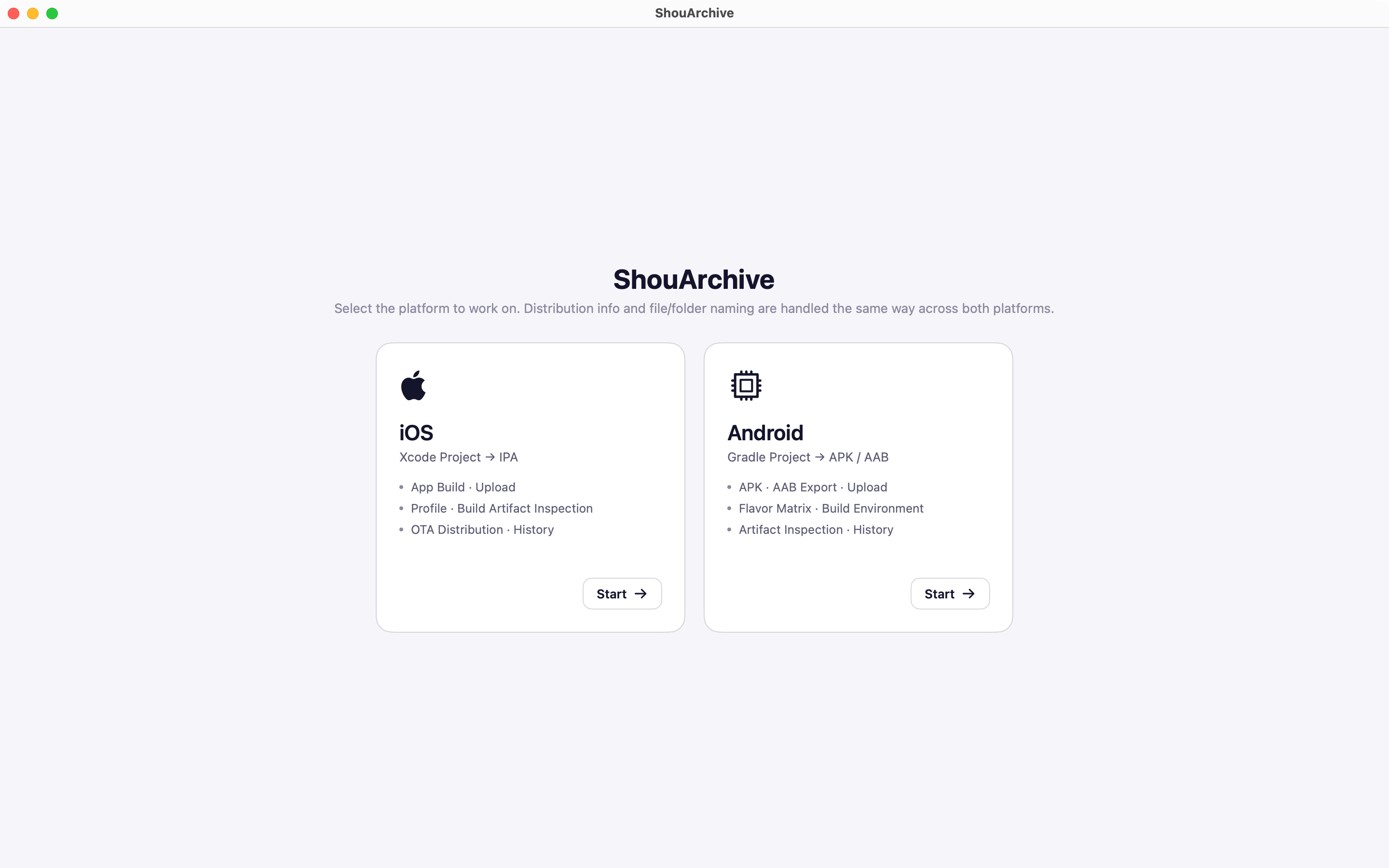 Platform picker with iOS and Android cards