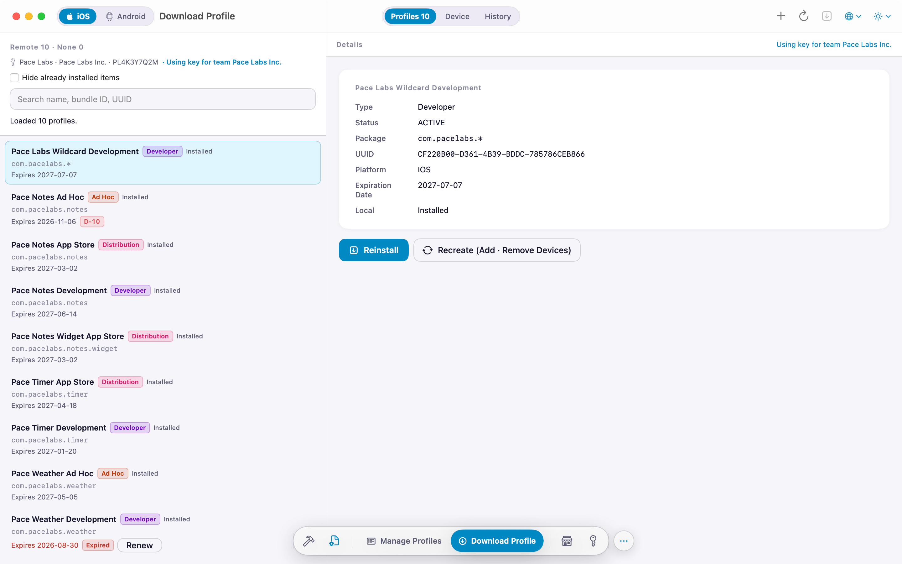 Profiles fetched from App Store Connect with details