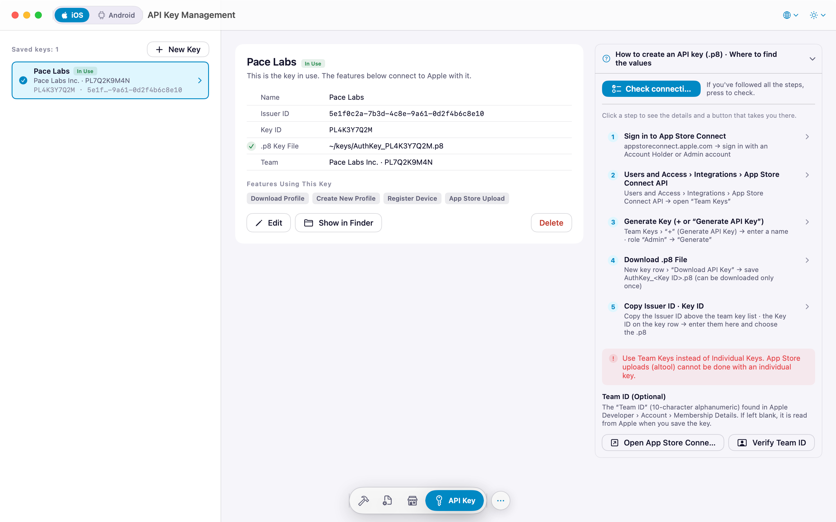 API Key screen: saved keys, details of the selected key, how to create a key