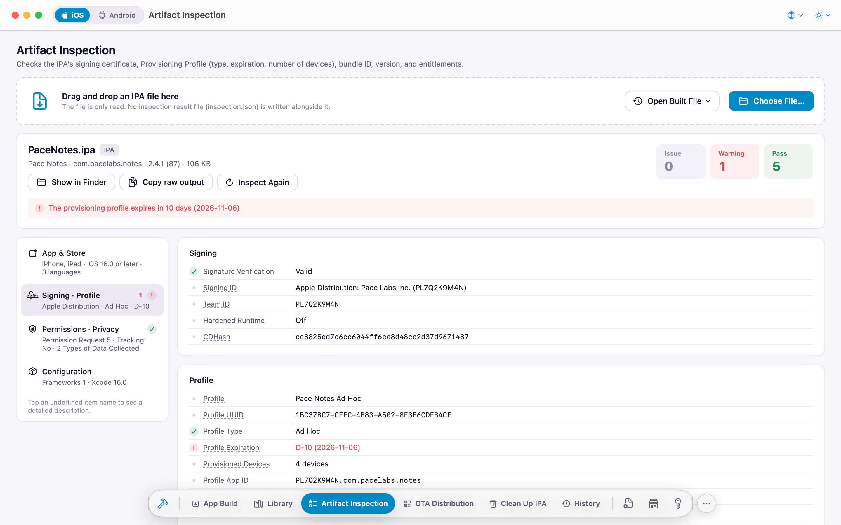 IPA inspection: signing certificate, provisioning profile, entitlements