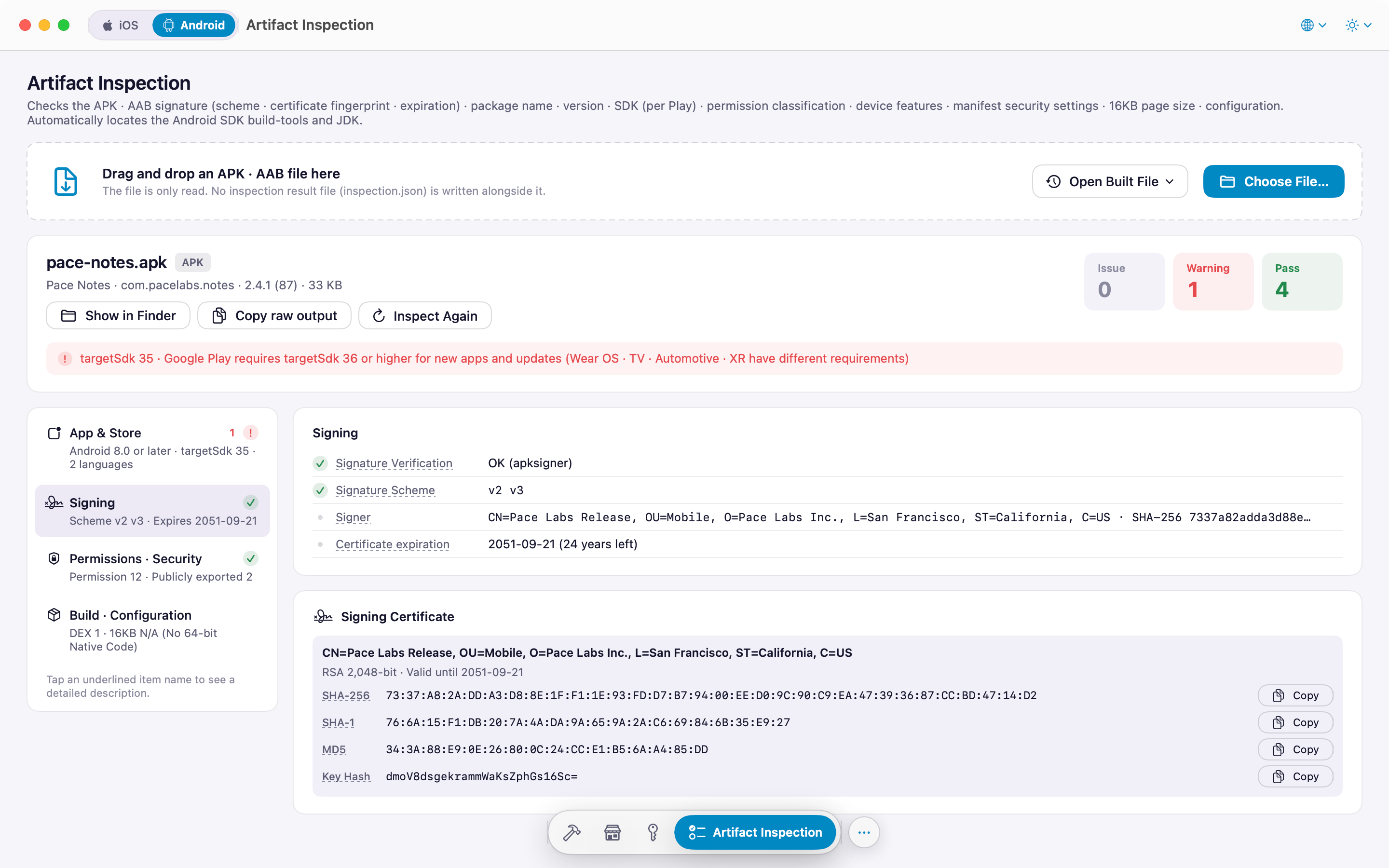 APK · AAB inspection: signing schemes, certificate fingerprints, key hash