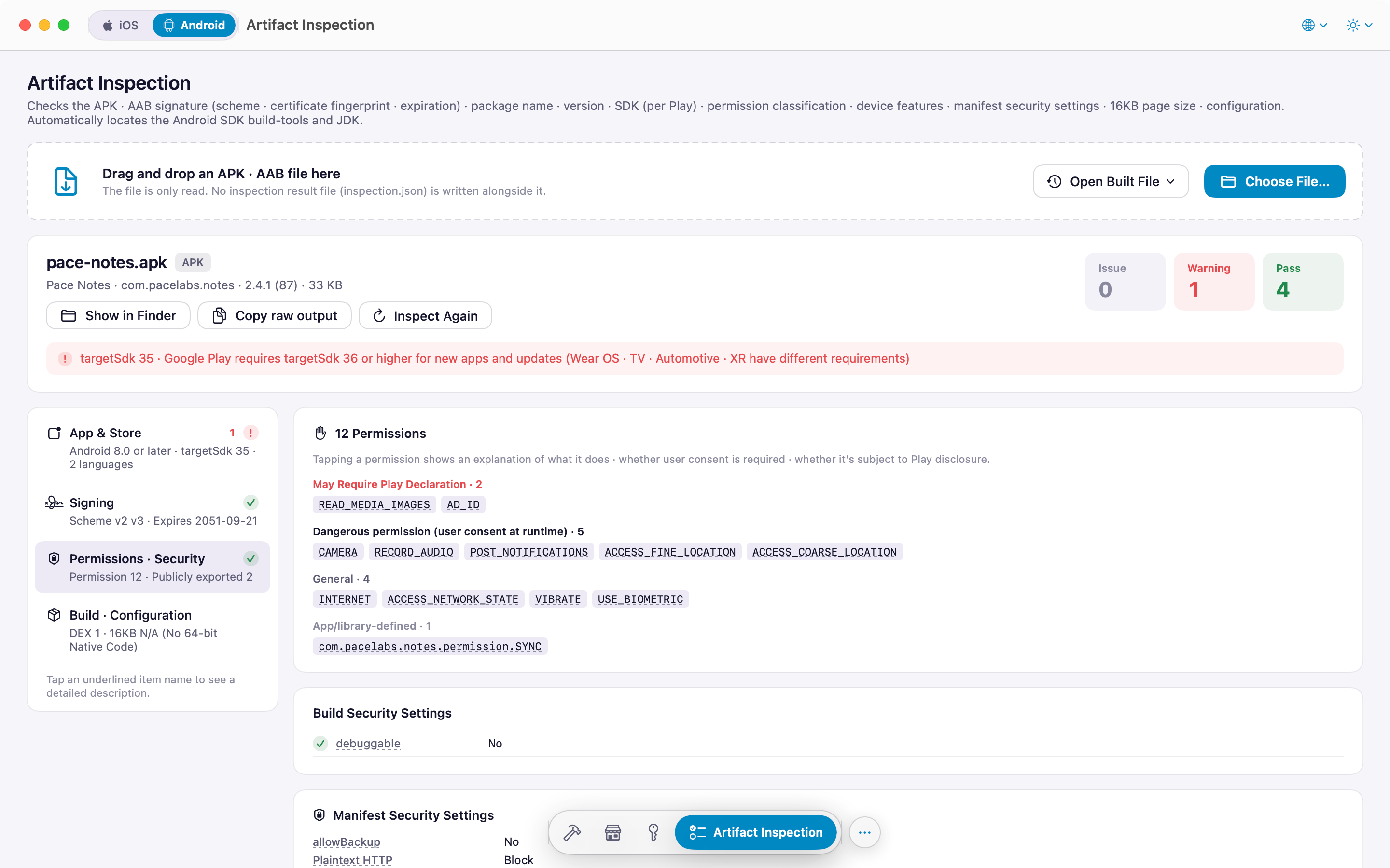 APK inspection: permission groups and manifest security settings