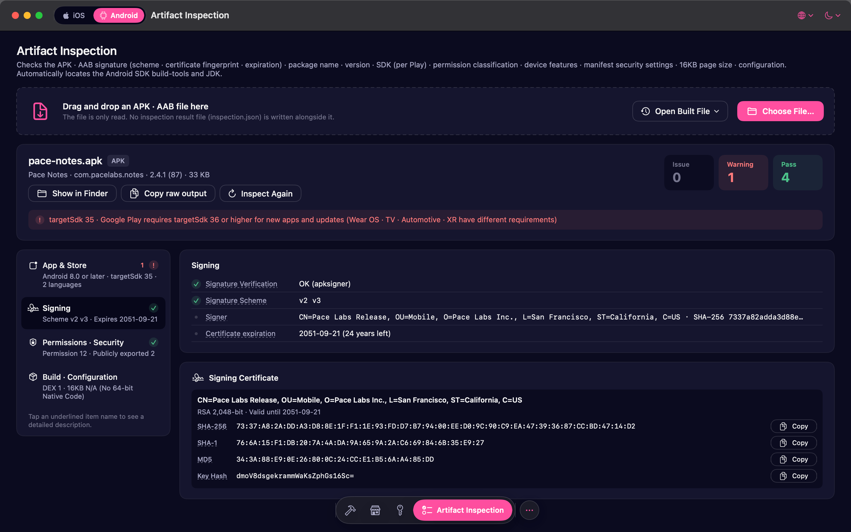 APK inspection in the dark theme