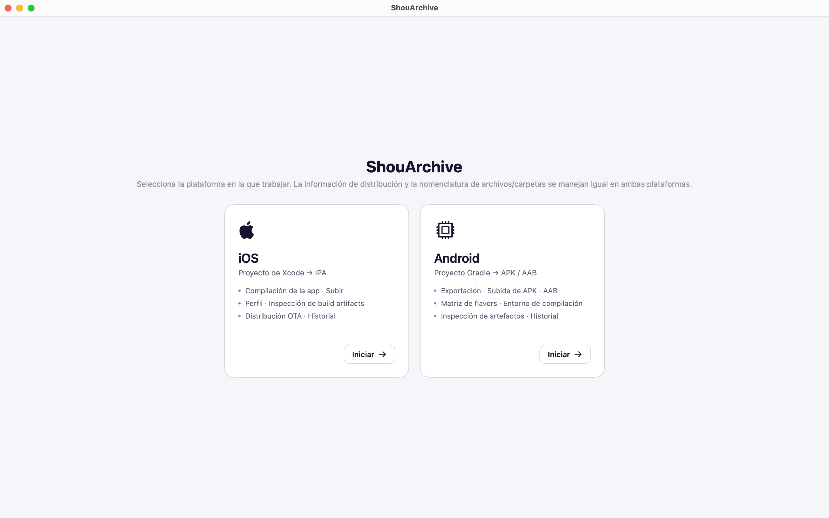 Selector de plataforma con tarjetas de iOS y Android