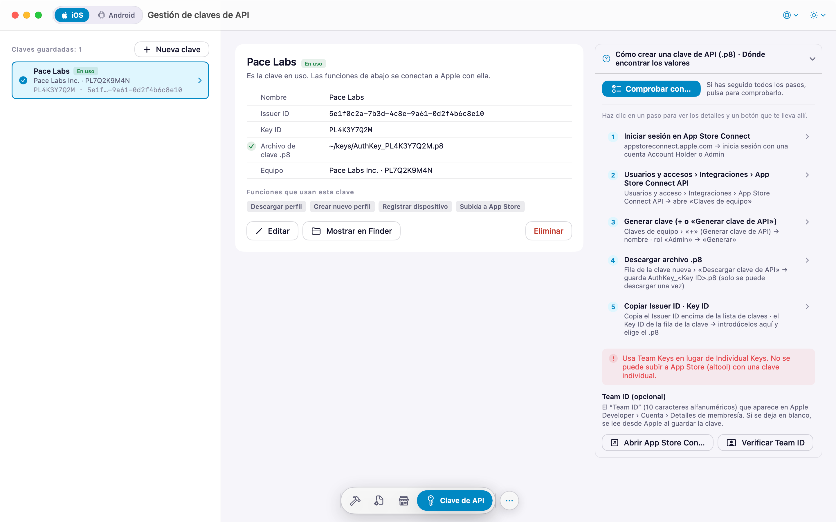 Pantalla Clave de API: claves guardadas, datos de la clave elegida y cómo crear una