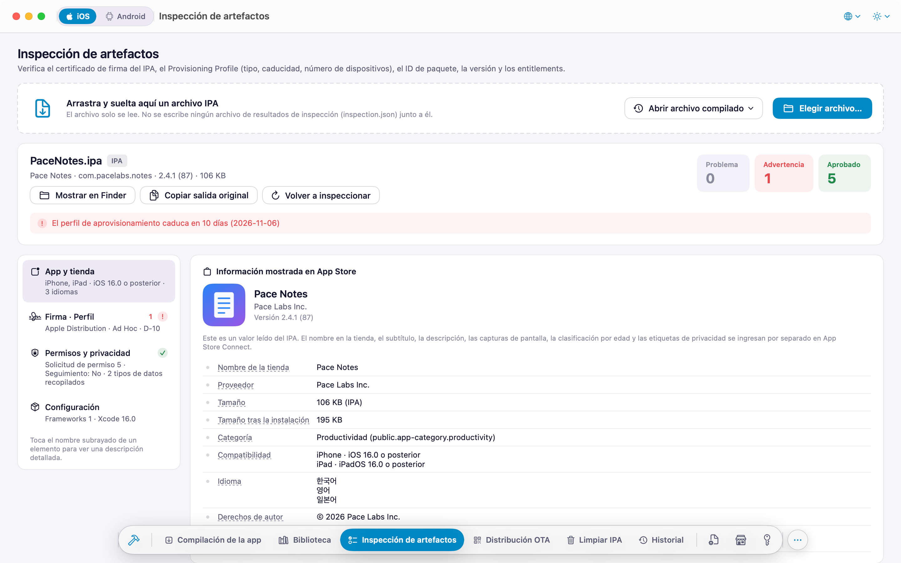 Inspección de IPA: información de la ficha de App Store