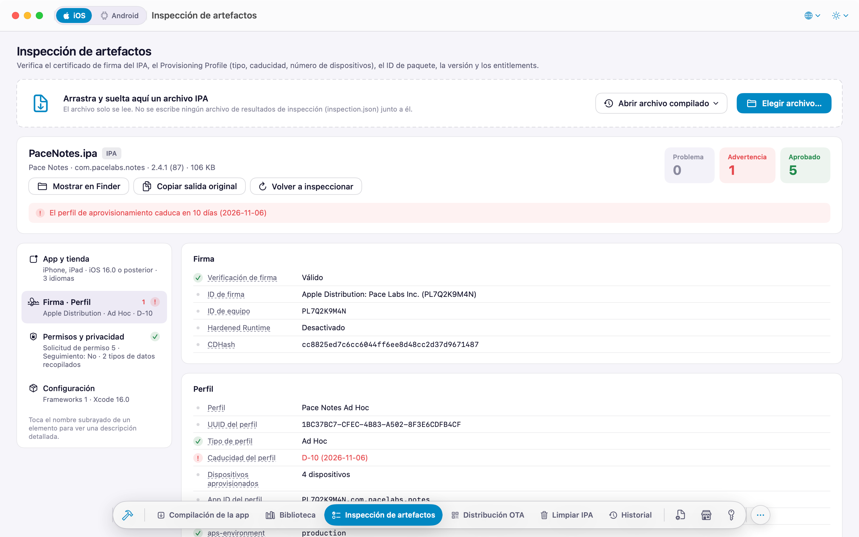 Inspección de IPA: certificado de firma, perfil de aprovisionamiento, entitlements