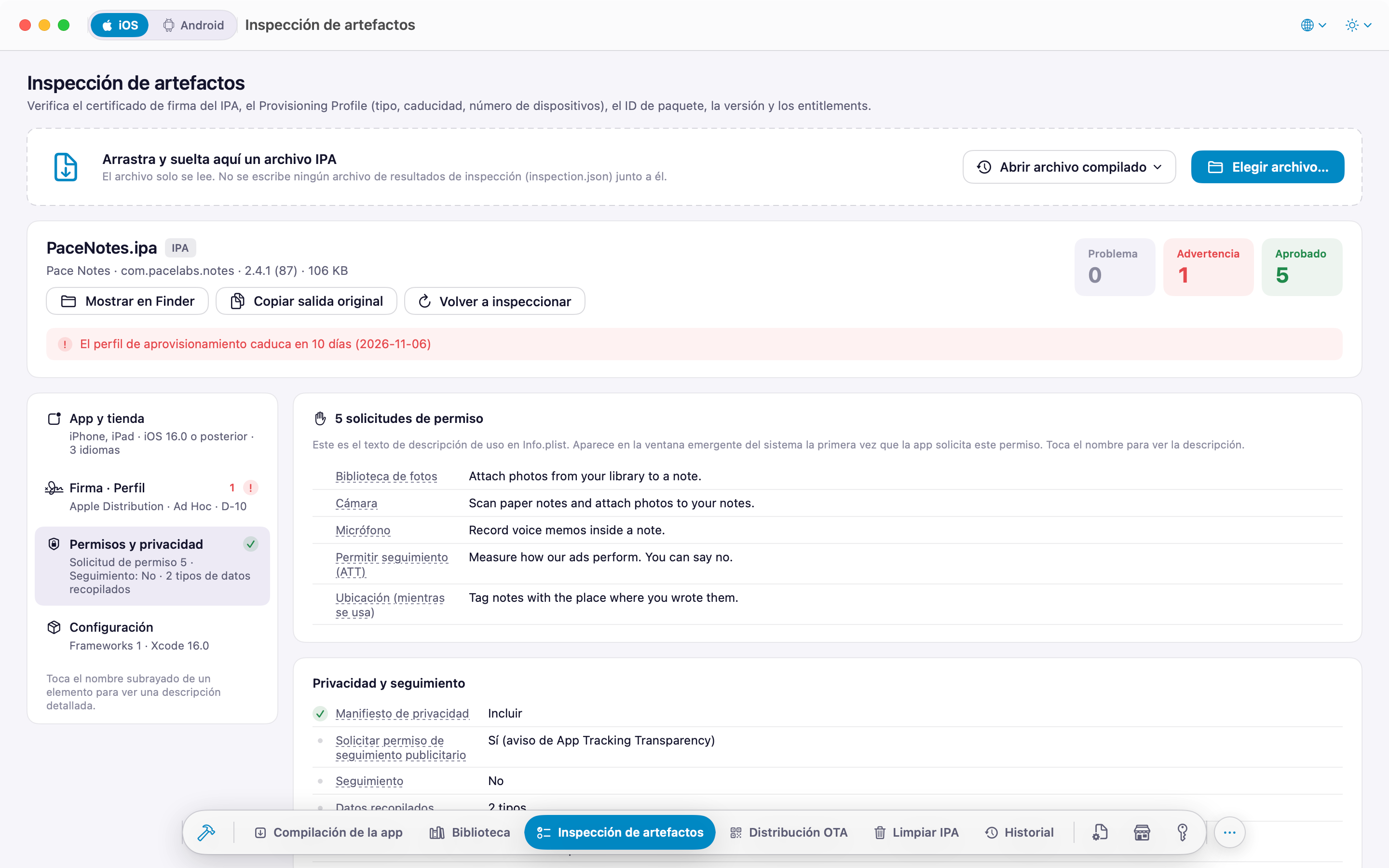 Inspección de IPA: textos de solicitud de permisos y privacidad