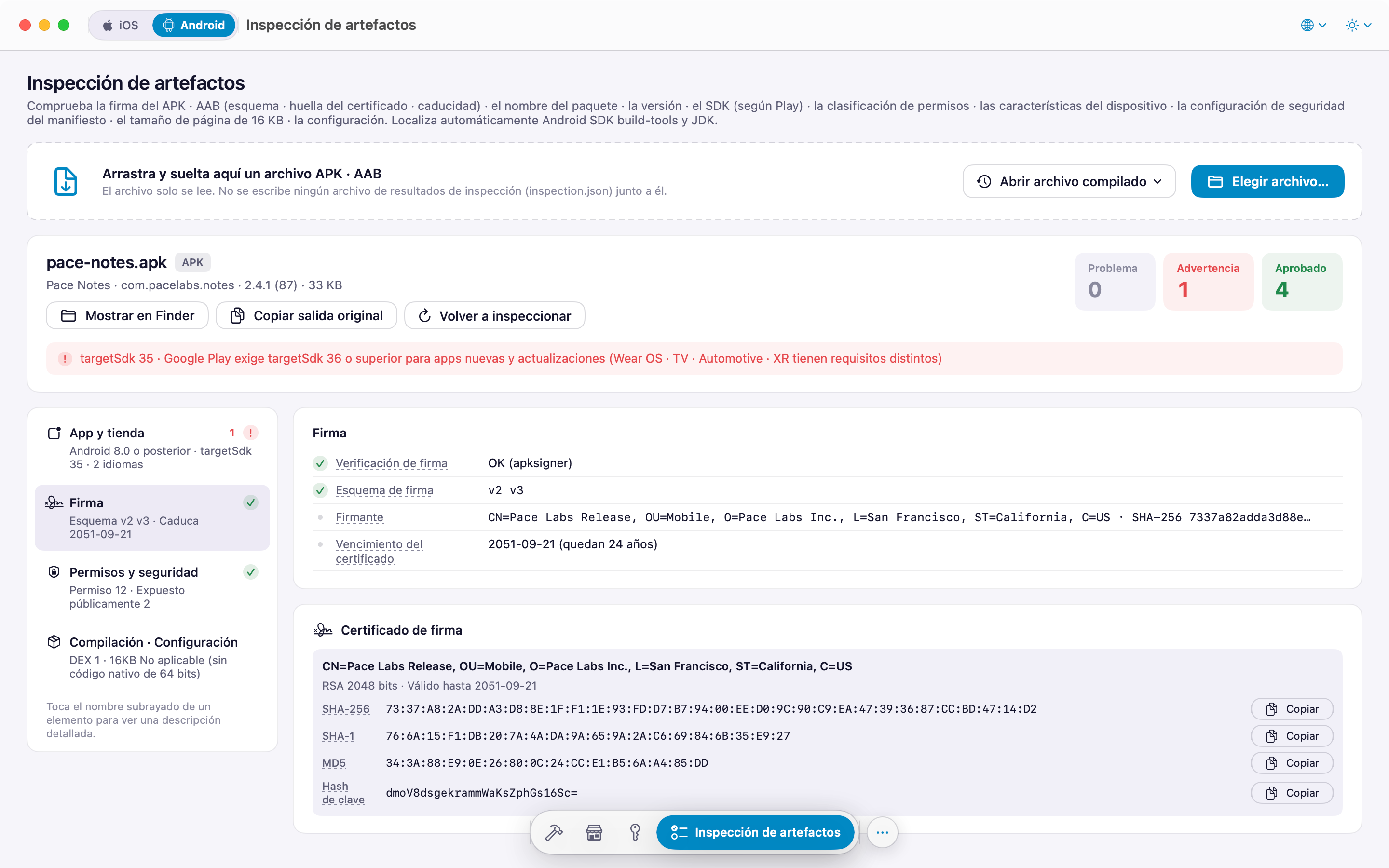 Inspección de APK · AAB: esquemas de firma, huellas del certificado, hash de clave
