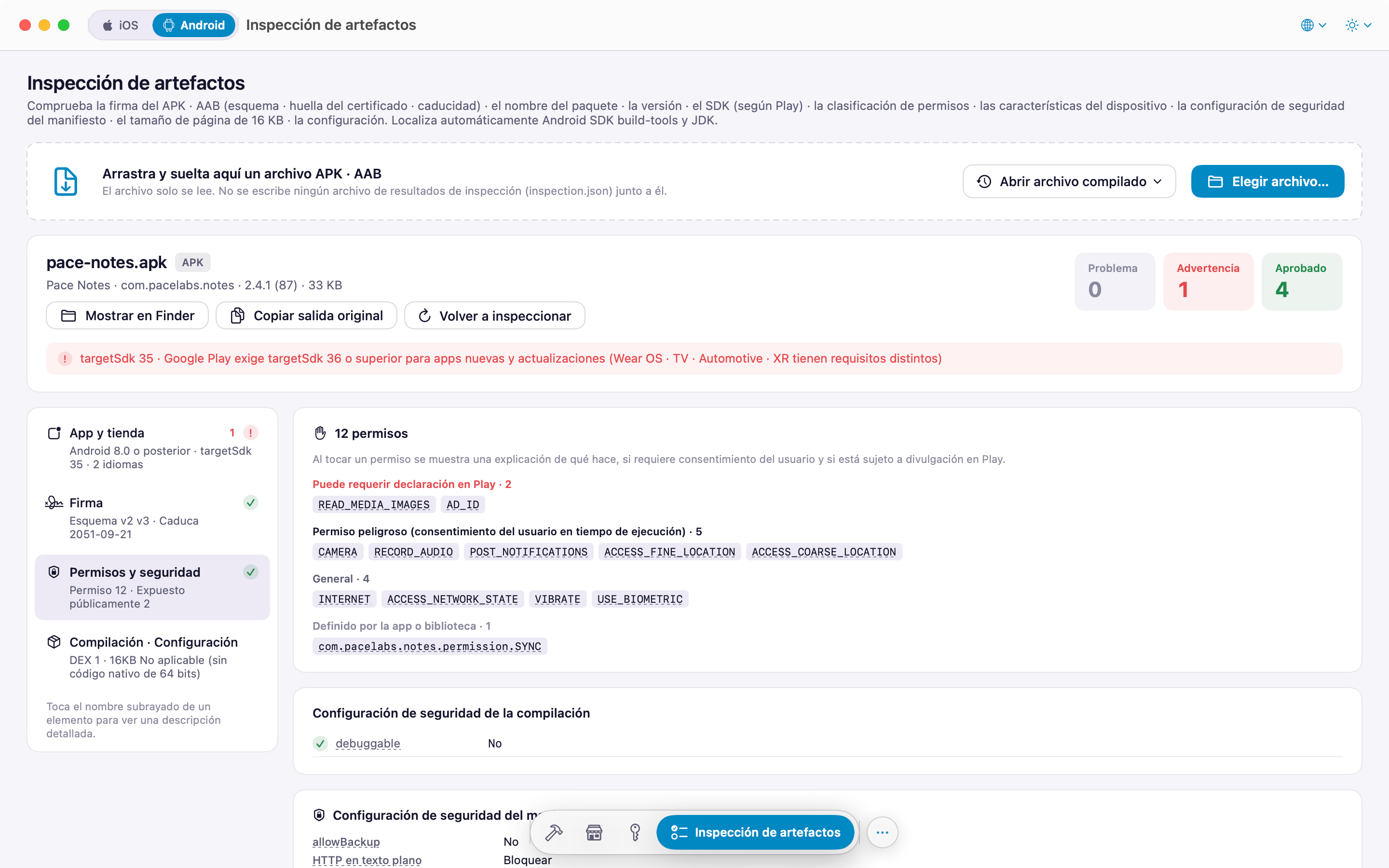 Inspección de APK: grupos de permisos y ajustes de seguridad del manifiesto