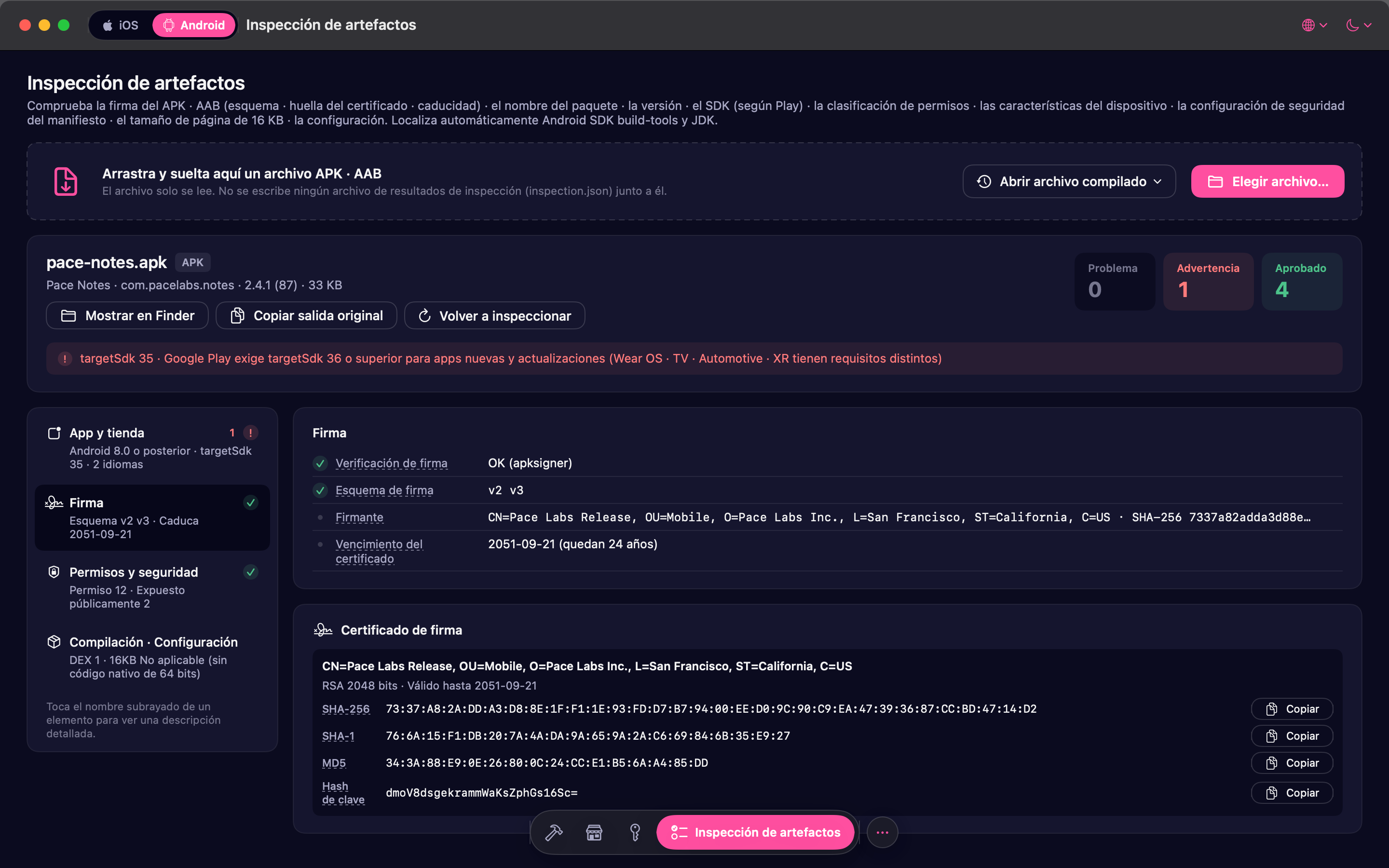 Inspección de APK con el tema oscuro